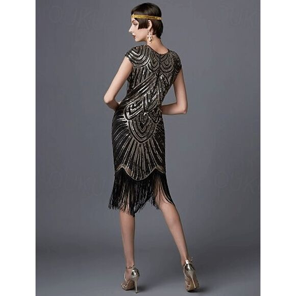 ✨ Flapper Great Gatsby 1920s Retro Tassel Fringe Gold Sequin Dress SIZE XL NEW - Picture 3 of 15